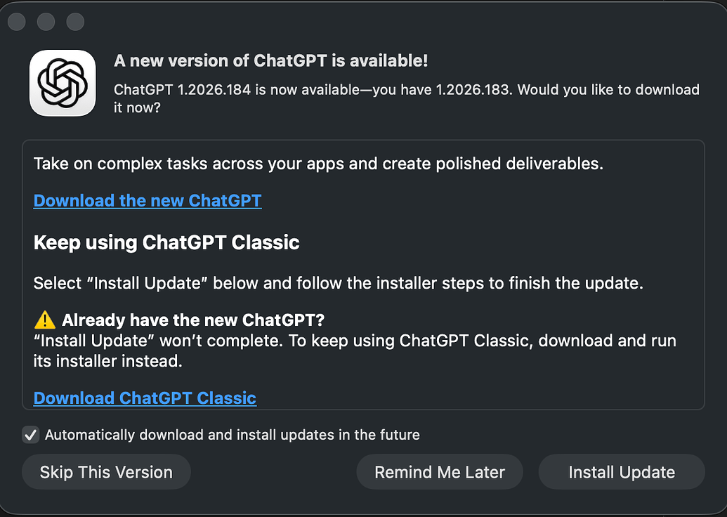 ChatGPT Classic更新了 1.2026.184 (1784145287) - 前沿快讯 - LINUX DO