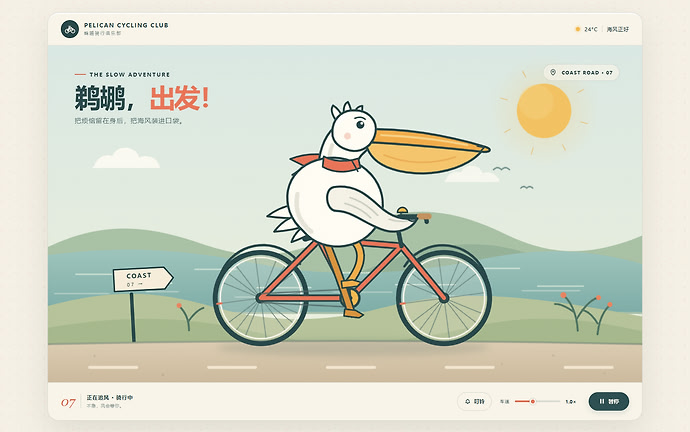 鹈鹕海边骑自行车的 HTML / SVG 动画页面截图