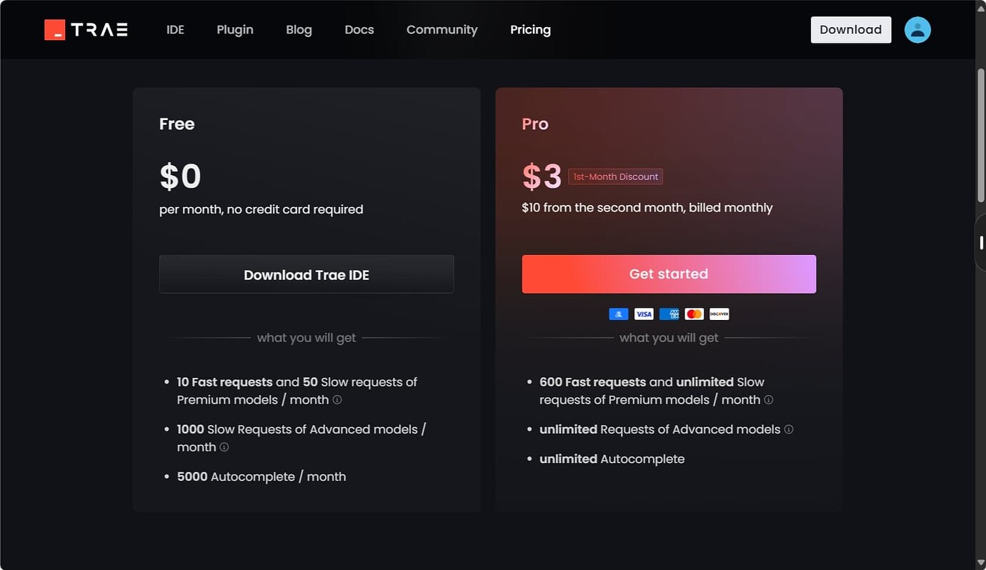 Trae 推出 Pro 版订阅套餐 首月 $3 、 年付 $7.5 / 月 - 前沿快讯 - LINUX DO