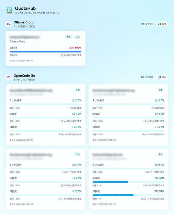 [开源] QuotaHub - OpenCode Go & Ollama 额度查询统计工具 - 开发调优 - LINUX DO
