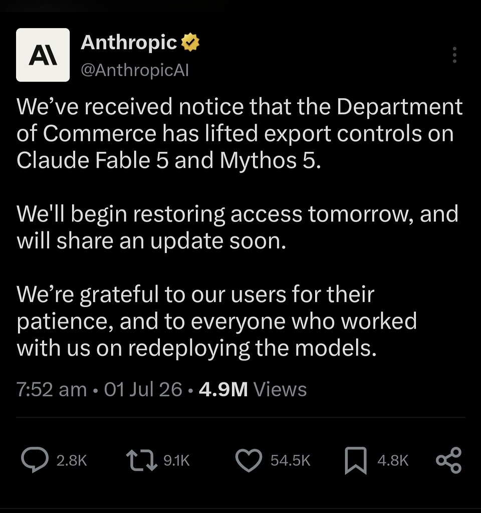 Anthropic: Claude Fable 5 & Mythos 5 即将回归！美国商务部通知已解除出口限制！ - 前沿快讯 - LINUX DO