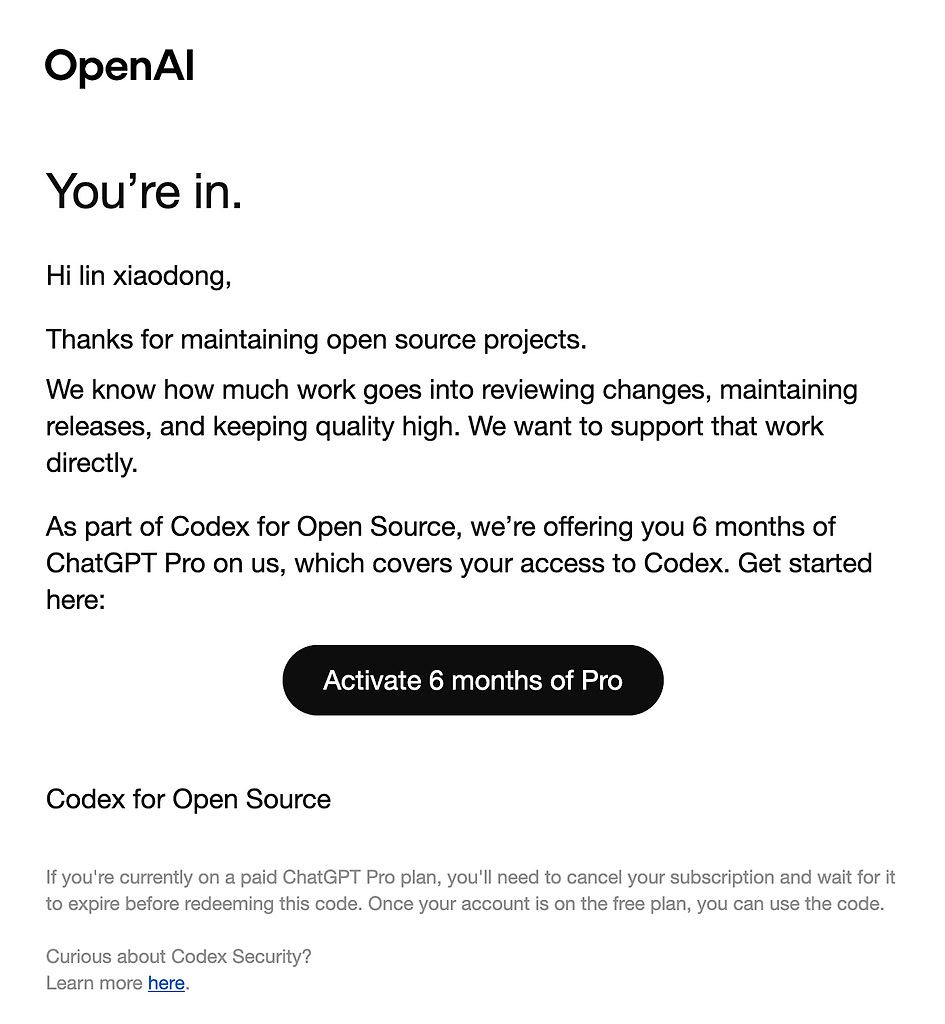 感谢奥特曼的1024节日大礼包，拿下 Codex for Open Source 六个月 pro 套餐 - 搞七捻三 - LINUX DO