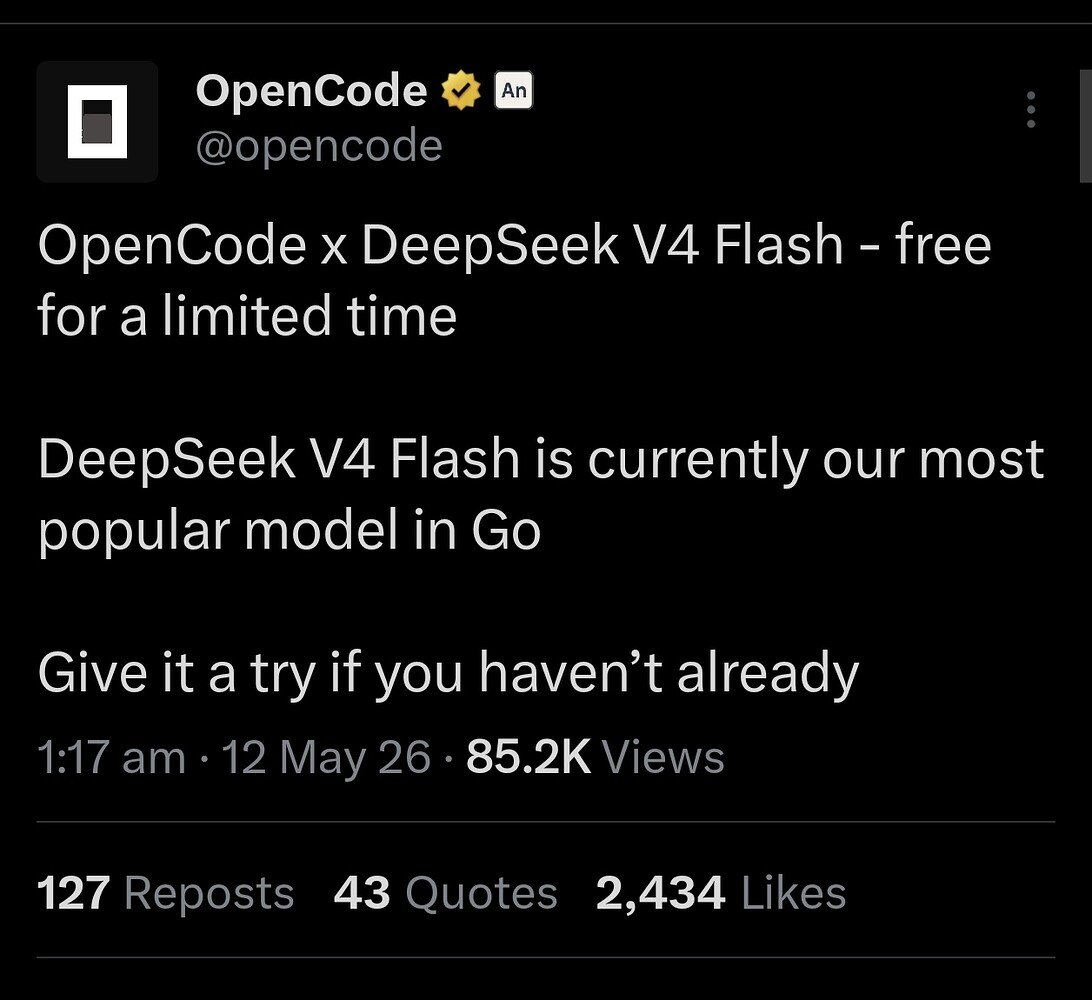OpenCode 宣布：限时免费提供 DeepSeek V4 Flash 模型！ - 前沿快讯 - LINUX DO