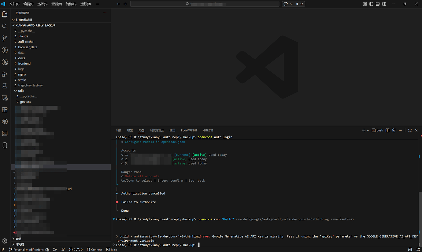 opencode-antigravity-auth插件，配置后对话提示Error: Google Generative AI API key ...