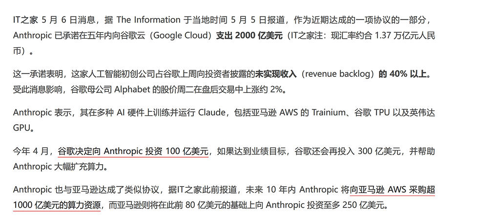 Anthropic 承诺 5 年内斥资 2000 亿美元购买谷歌云服务和芯片 - 前沿快讯 - LINUX DO