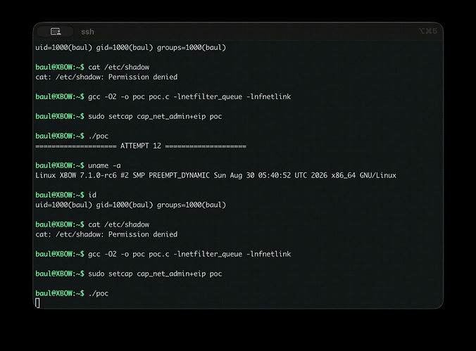 The exploit reaching a shell as root (uid=0).