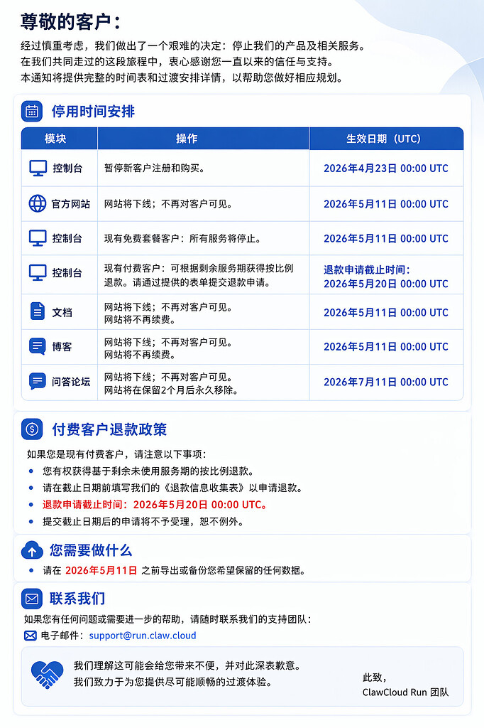 ClawCloud Run（爪云）即将停运 - 前沿快讯 - LINUX DO