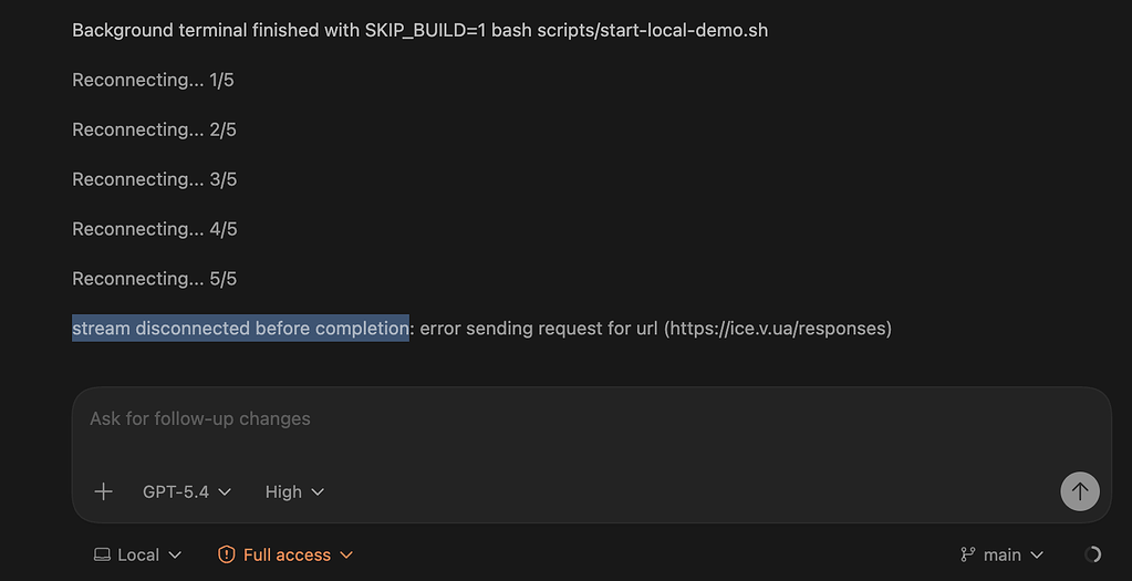 Connection Terminated Full Script Codex干活,出现:stream disconnected before completion && reconnect - 开发调优 ...