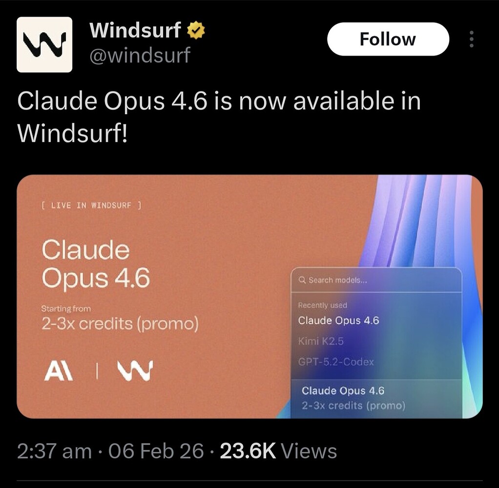 Windsurf 上架 Claude Opus 4.6，单次请求2-3x (优惠期间） - 前沿快讯 - LINUX DO