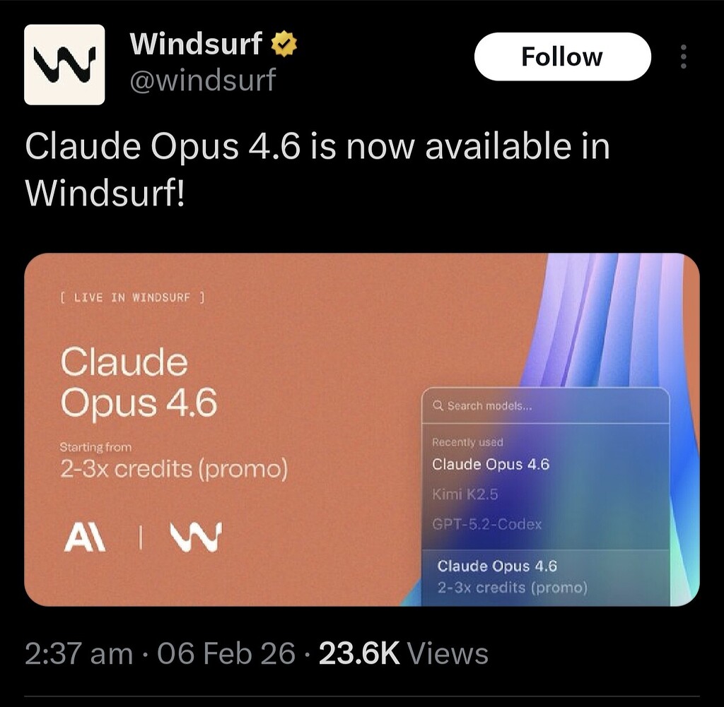 Windsurf 上架 Claude Opus 4.6，单次请求2-3x (优惠期间） - 前沿快讯 - LINUX DO