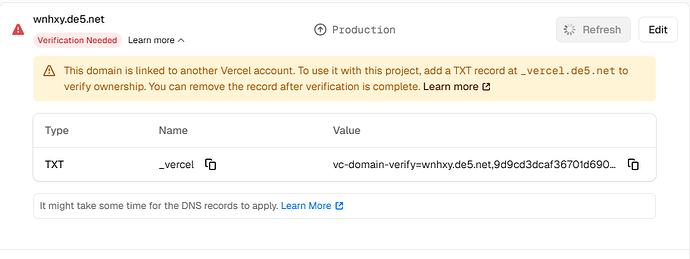 佬友帮我看看de5.net的二级域名如何解析vercel的域名 - 开发调优 - LINUX DO