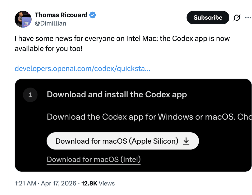 Codex mac intel版本官方终于发布了 - 前沿快讯 - LINUX DO