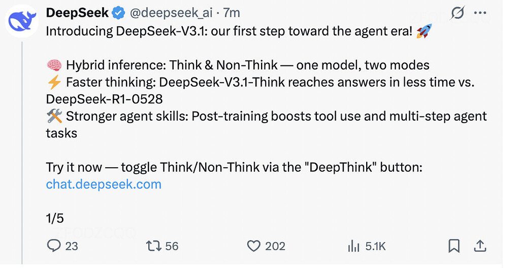 DeepSeek-V3.1 正式发布，官方详解迈向 AI Agent 时代的第一步 - 前沿快讯 - LINUX DO