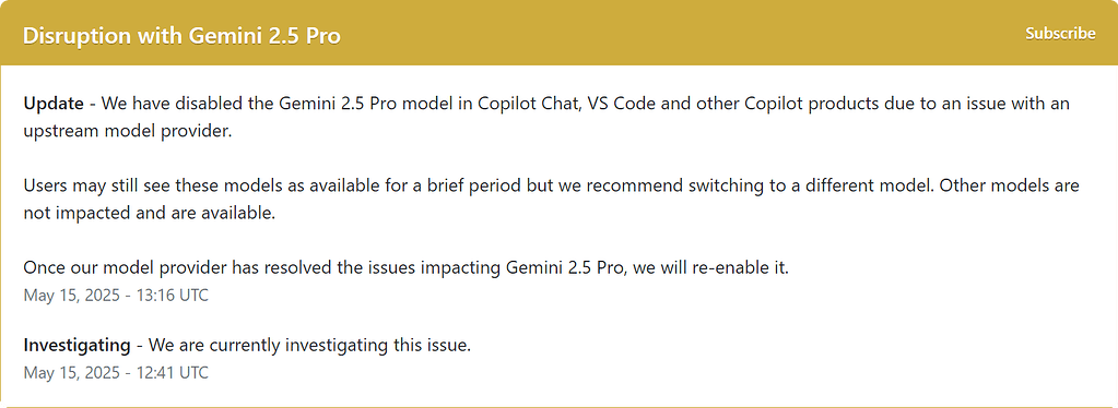 GitHub Copilot 由于上游提供商出现问题，临时禁用 Gemini 2.5 Pro - 前沿快讯 - LINUX DO