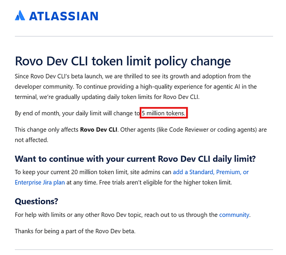 Rovo Dev CLI 免费 Tokens 下降至 5M - 前沿快讯 - LINUX DO