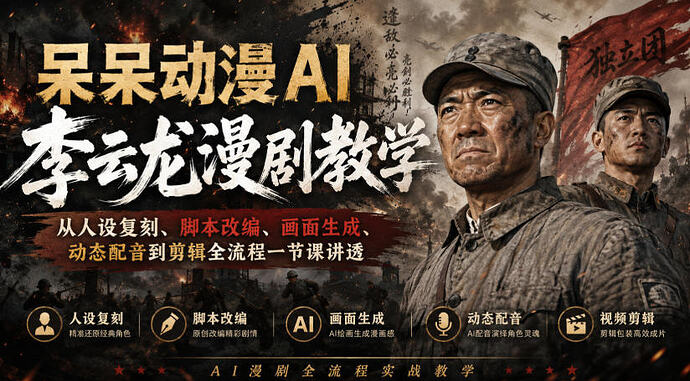 呆呆动漫AI李云龙漫剧教学 从人设复刻 脚本改编 画面生成 动态配音到剪辑全流程一节课讲透xn