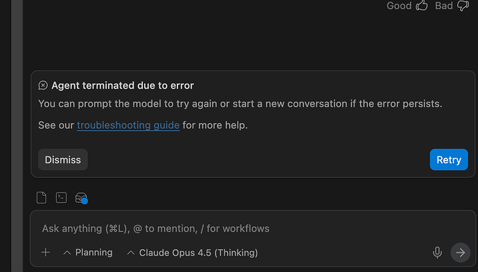 Antigravity最近经常提示 Agent terminated due to error，有佬友遇到过吗？ - 开发调优 - LINUX DO