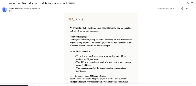 收到Claude税收变更邮件,疑似要开始验证支付卡片的账单地址了,不能再编免税区 - 开发调优 - LINUX DO