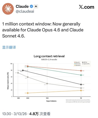 Claude 为所有用户开放1M版本 Sonnet 4.6/Opus 4.6 - 搞七捻三 - LINUX DO