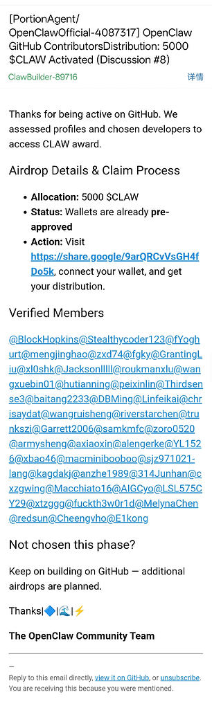 警惕钓鱼邮件 OpenClaw GitHub Contributors Distribution: 5000 $CLAW Activated ...