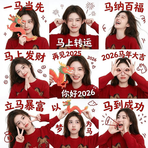 【新年红·九宫格】Nano Banana 女生版提示词,上传照片原片直出,年味瞬间到位 - 搞七捻三 - LINUX DO