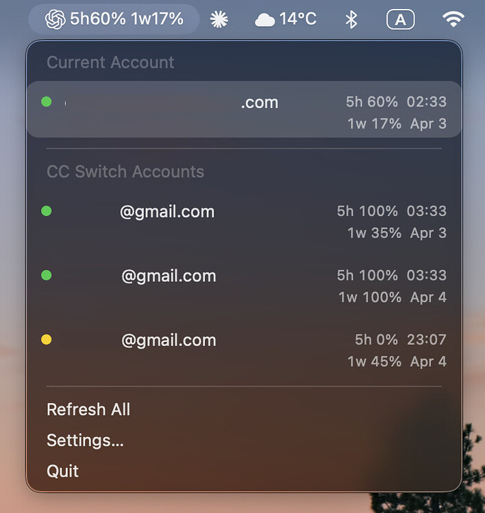 【开源小工具】用了它，站起来蹬Codex更方便！兼容cc switch 的全账号额度状态栏查看小工具 - 开发调优 - LINUX DO