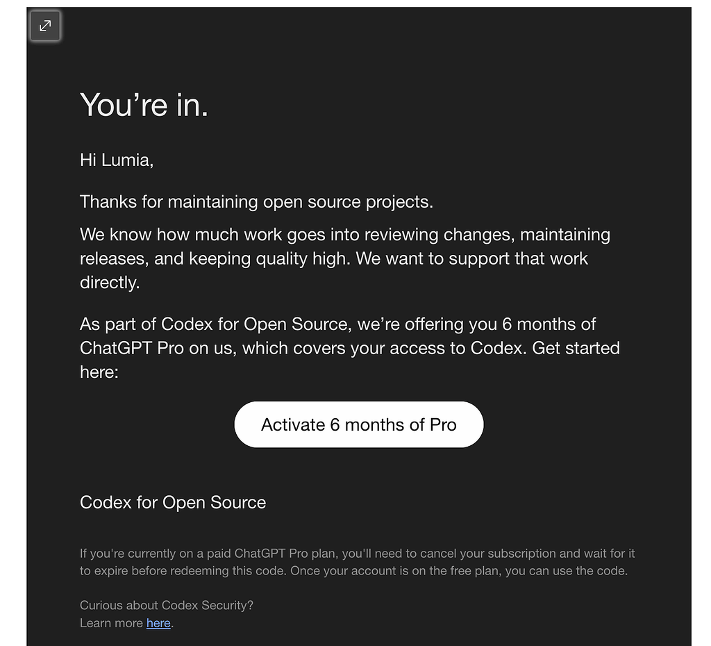 拿到了 OpenAI 的开源 6 个月 Pro 的资格 - 搞七捻三 - LINUX DO