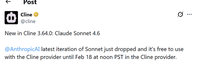 cline 免费用 claude sonnect 4.6 限时一天 - 福利羊毛 - LINUX DO