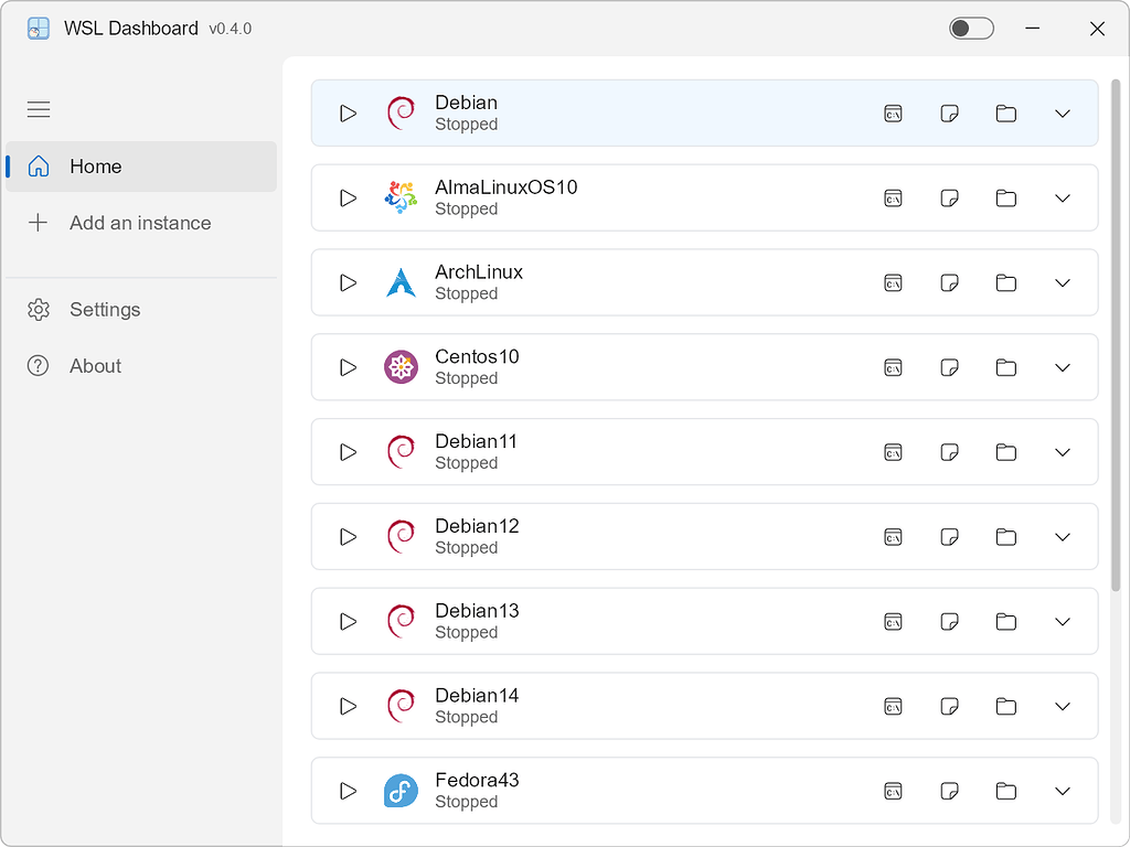WSL Dashboard v0.4.0 开源发布（一款现代、高性能且轻量级的 WSL 实例管理面板。基于 Rust 和 Slint 构建 ...