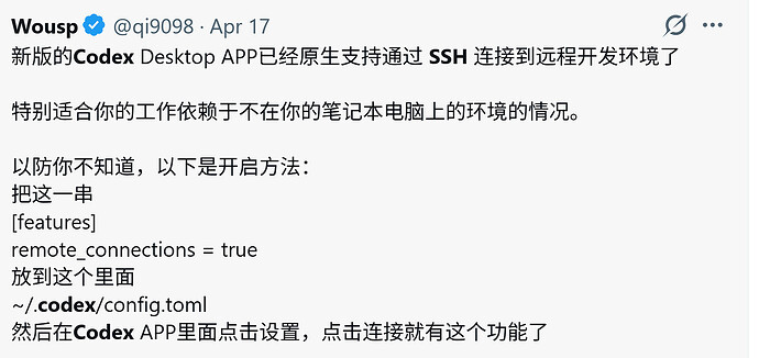 codex app有没有办法远程链接服务器？或者是否有ssh的mcp - 搞七捻三 - LINUX DO
