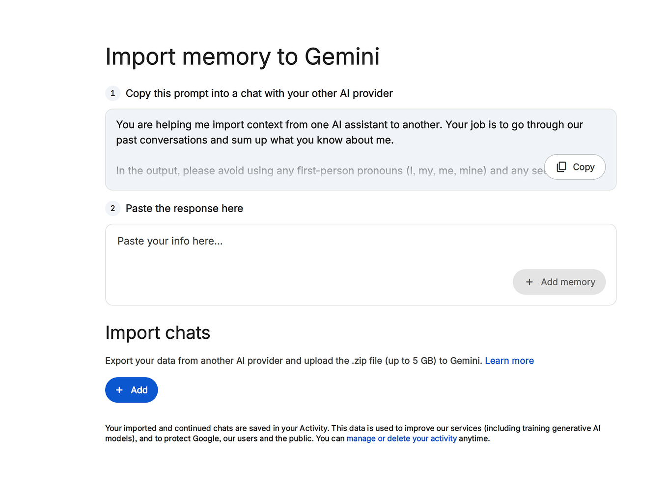 Gemini 现在支持其他ai 导入聊天记录进去了 - 开发调优 - LINUX DO