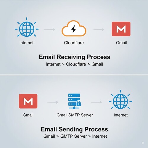 域名邮件经 Cloudflare 转发到 Gmail，并通过 SMTP 发送的流程示意