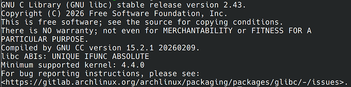 如图，我的archlinux中，glibc版本为2.43