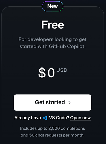 Github Copilot 免费版：每月 2000 条补全，50 条对话 - 前沿快讯 - LINUX DO