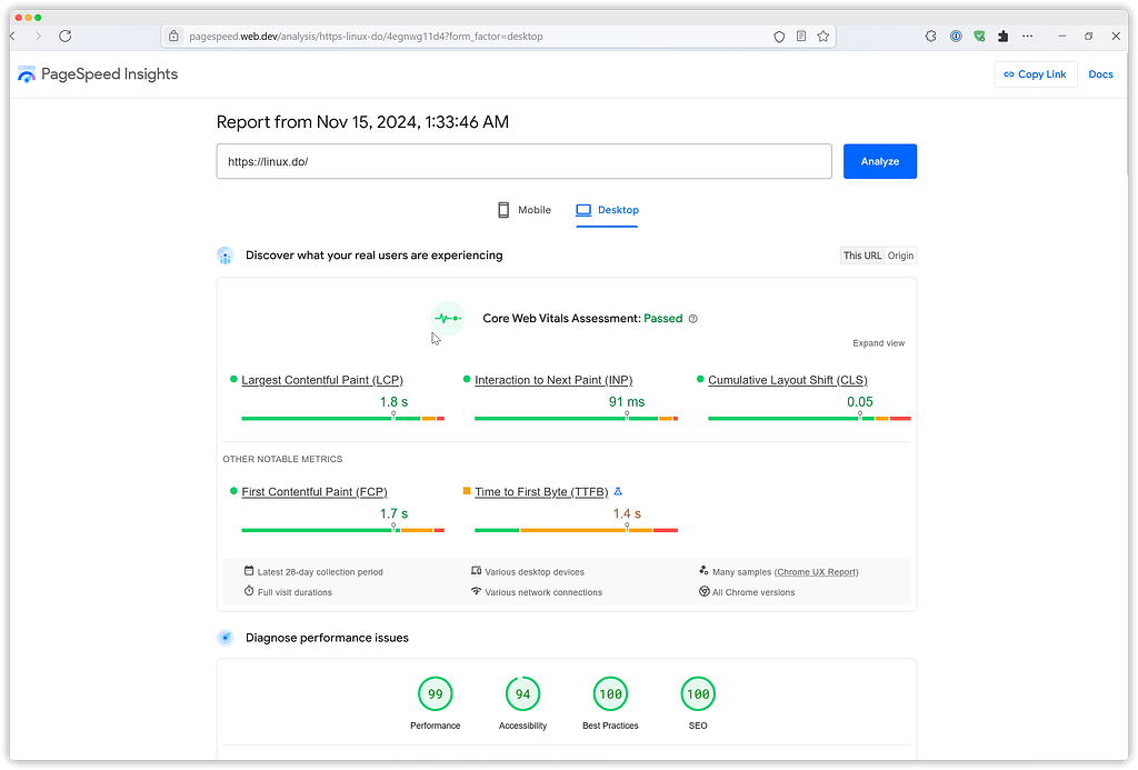 Linux do 的 PageSpeed lnsights 分数还挺高的 - 搞七捻三 - LINUX DO