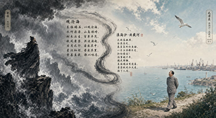 Firefly_gpt-image_对比观沧海和浪淘沙·北戴河_画面左端： 极度的动感。曹操在暴风雨中登高，身边是乱石穿空，惊涛拍岸，展现“萧瑟秋风”的肃杀。_画面中间： 一道如长河般的笔墨线条漂浮着诗词。 583591