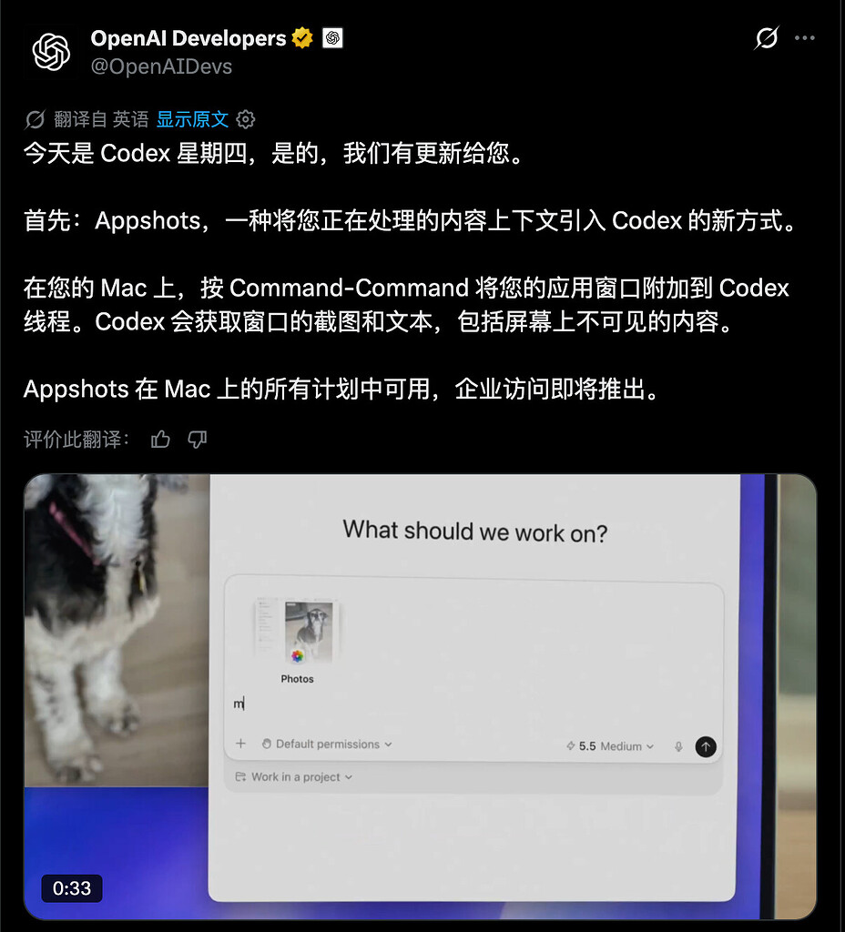 [慢讯] codex mac端更新了一个appshots功能,截屏发送codex - 前沿快讯 - LINUX DO