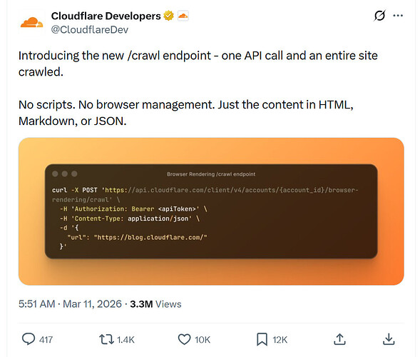 Cloudflare 推出了爬虫的基础服务 crawl endpoint - 前沿快讯 - LINUX DO