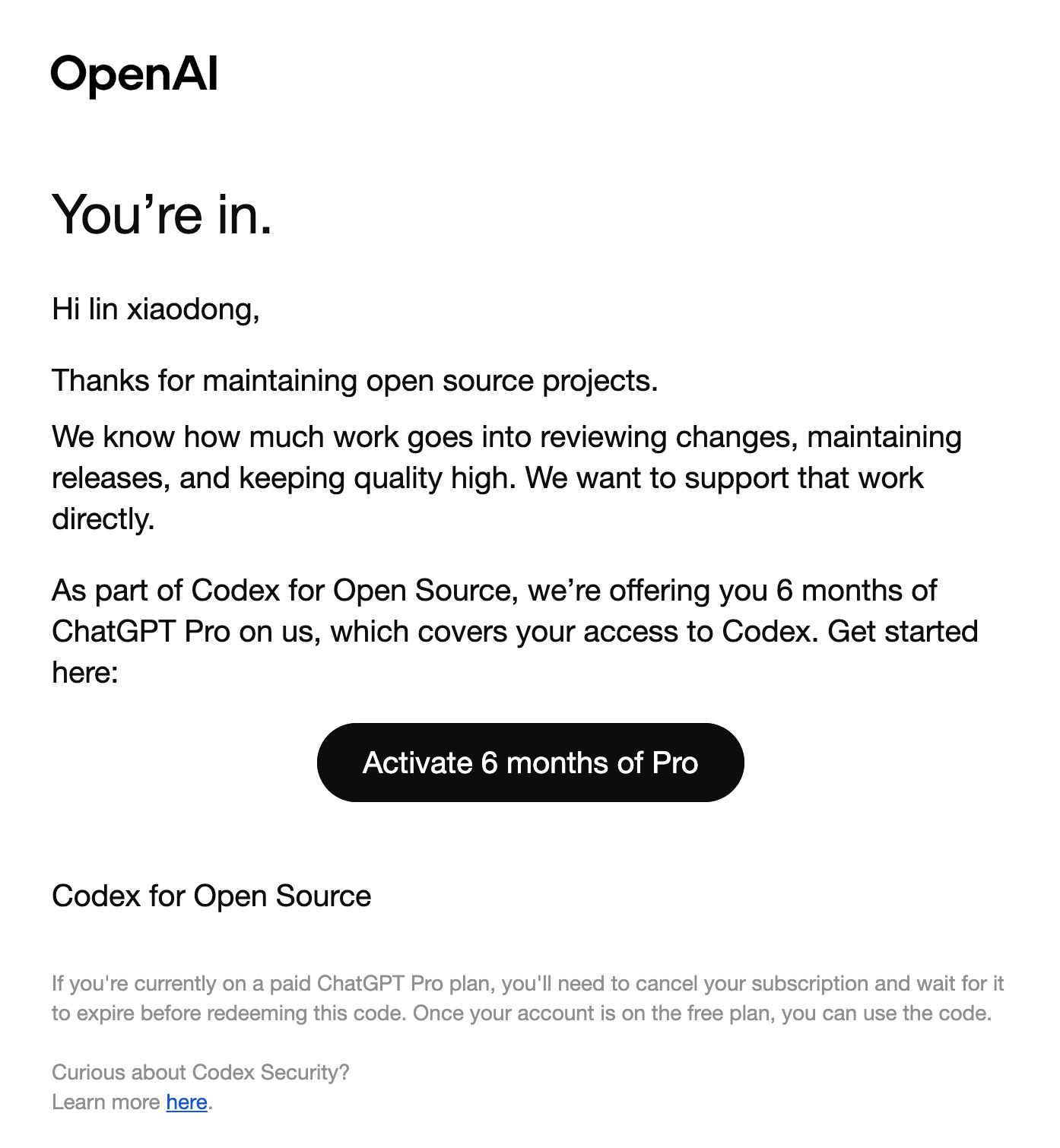 感谢奥特曼的1024节日大礼包，拿下 Codex for Open Source 六个月 pro 套餐 - 搞七捻三 - LINUX DO