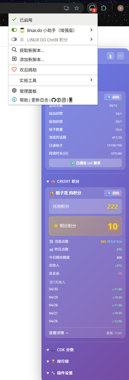 L 站请问有没有相关插件可以快速查看等级以及自己 LDC 积分有多少？ - 开发调优 - LINUX DO