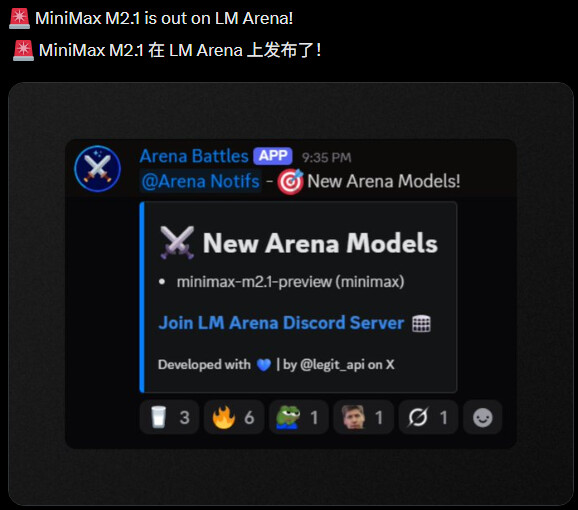 MiniMax M2.1已上线LM Arena竞技场 - 前沿快讯 - LINUX DO