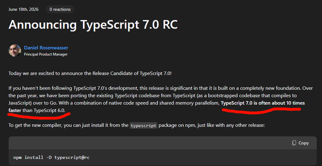 Typescript v7 进入 RC 阶段，与 v6 相比快十倍左右(tsc)，预计下个月发布正式版 - 前沿快讯 - LINUX DO