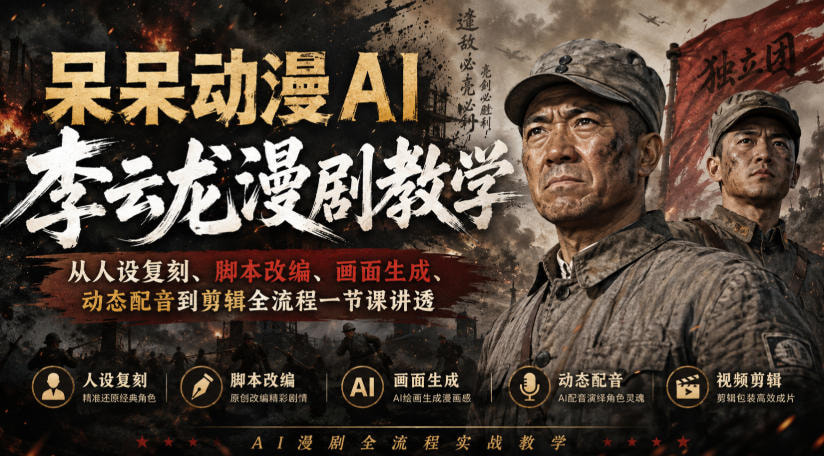 呆呆动漫AI李云龙漫剧教学 从人设复刻 脚本改编 画面生成 动态配音到剪辑全流程一节课讲透xn