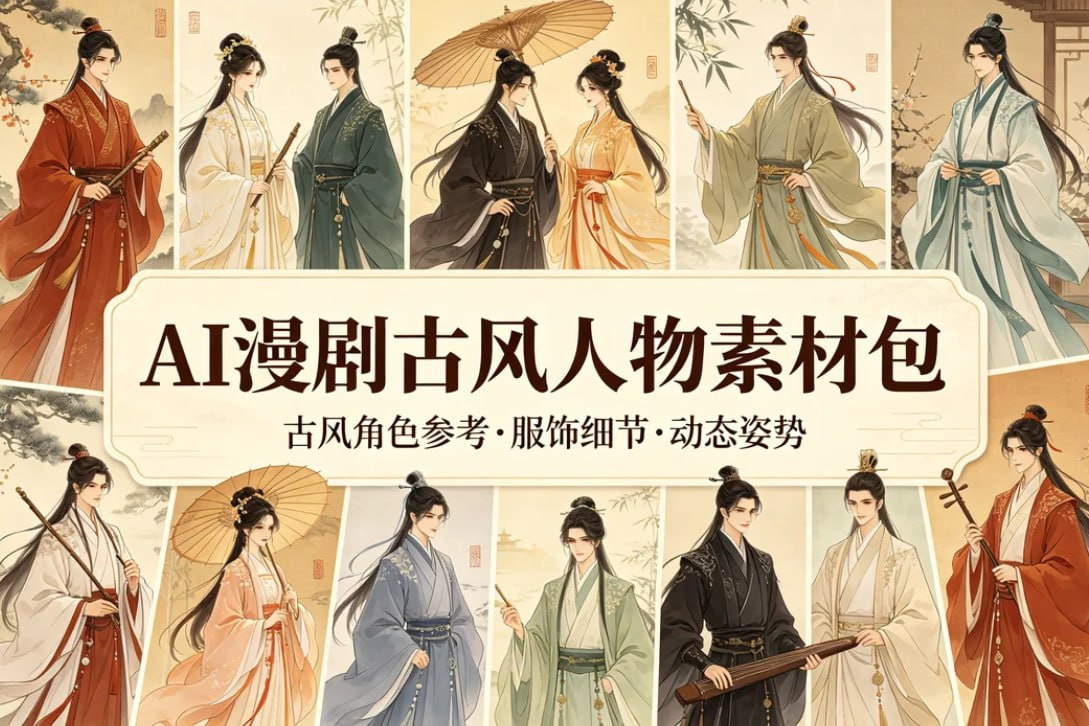 AI漫剧古风人物素材包,200套古代言情三视图+专属提示词