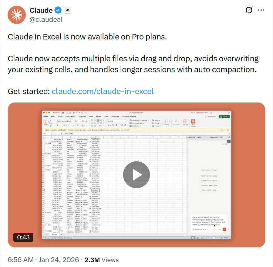 Claude in Excel 现在 Pro plans可以用了 - 前沿快讯 - LINUX DO